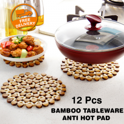 12 Pcs Natural Bamboo Mat Casserole Round Tableware Bowl Cup Pad Anti Hot Skid Pad, G075